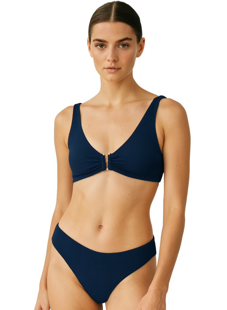 Women's Two-Piece Jacquard Textured Swimsuit w/ U-Gold Ring Embellishment - Navy - Sizes 8-16