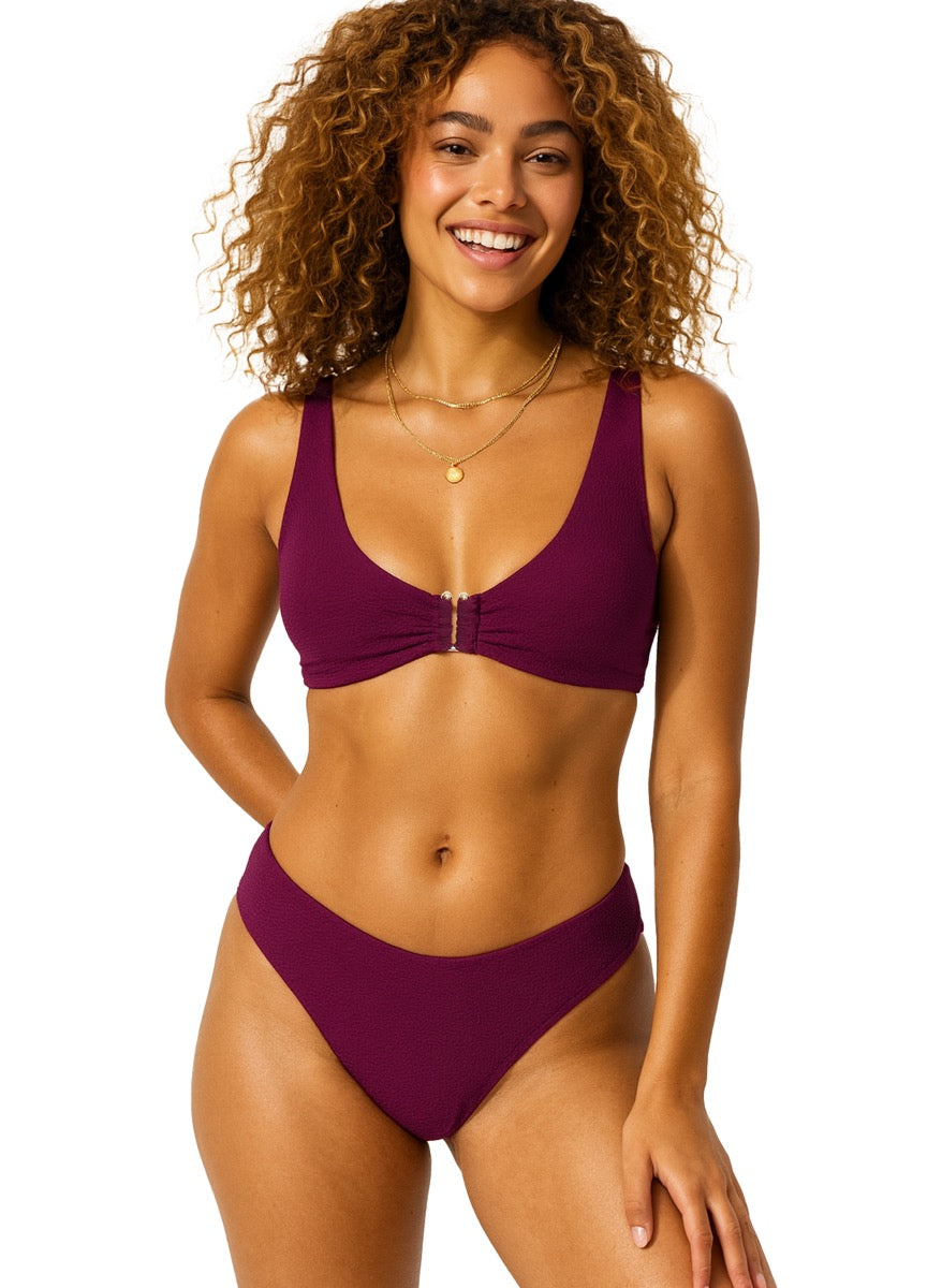 Women's Two-Piece Jacquard Textured Swimsuit w/ U-Gold Ring Embellishment - Burgundy - Sizes 8-16