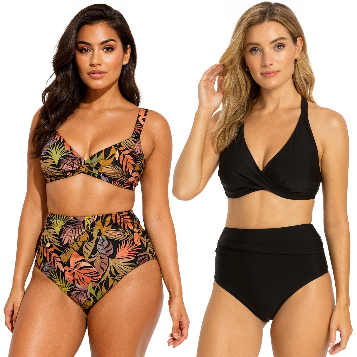 Women's Two-Piece Wrap Front High Waist Bikini Swimsuits - Solid & Tropical Palm Tree Print -  Size 4-16
