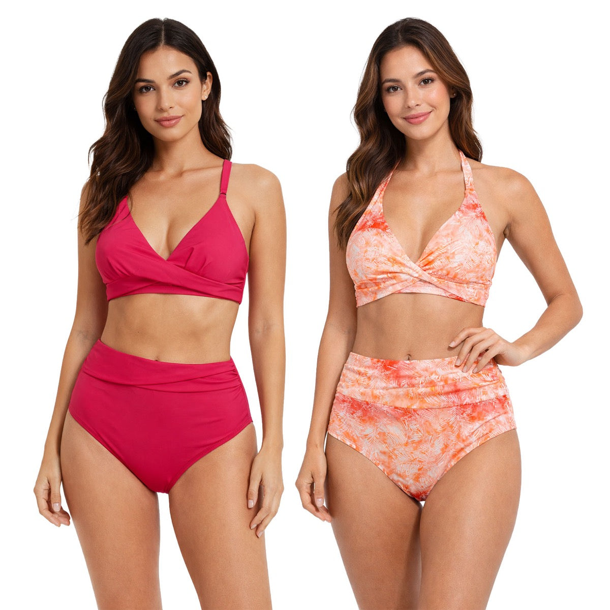 Women's Two-Piece Cross Front High Waist Bikini Swimsuits - Solid & Tie-Dye Print - Size 4-16