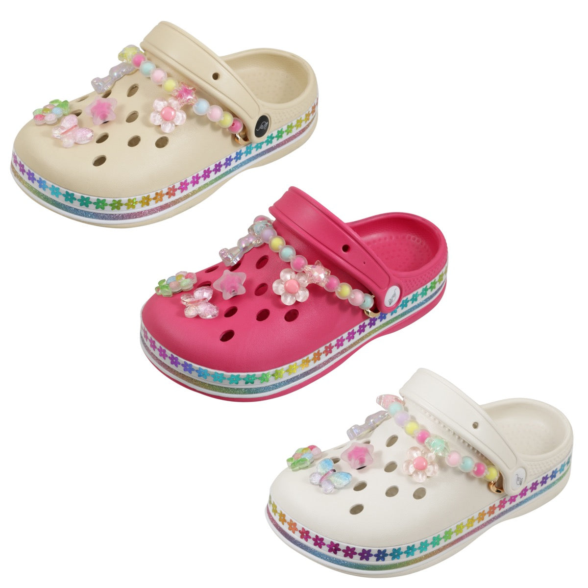 Toddler Girl's Vented Bubble Clogs w/ Embroidered Gummy Charms & Rainbow Floral Trim - Choose Your Color(s)
