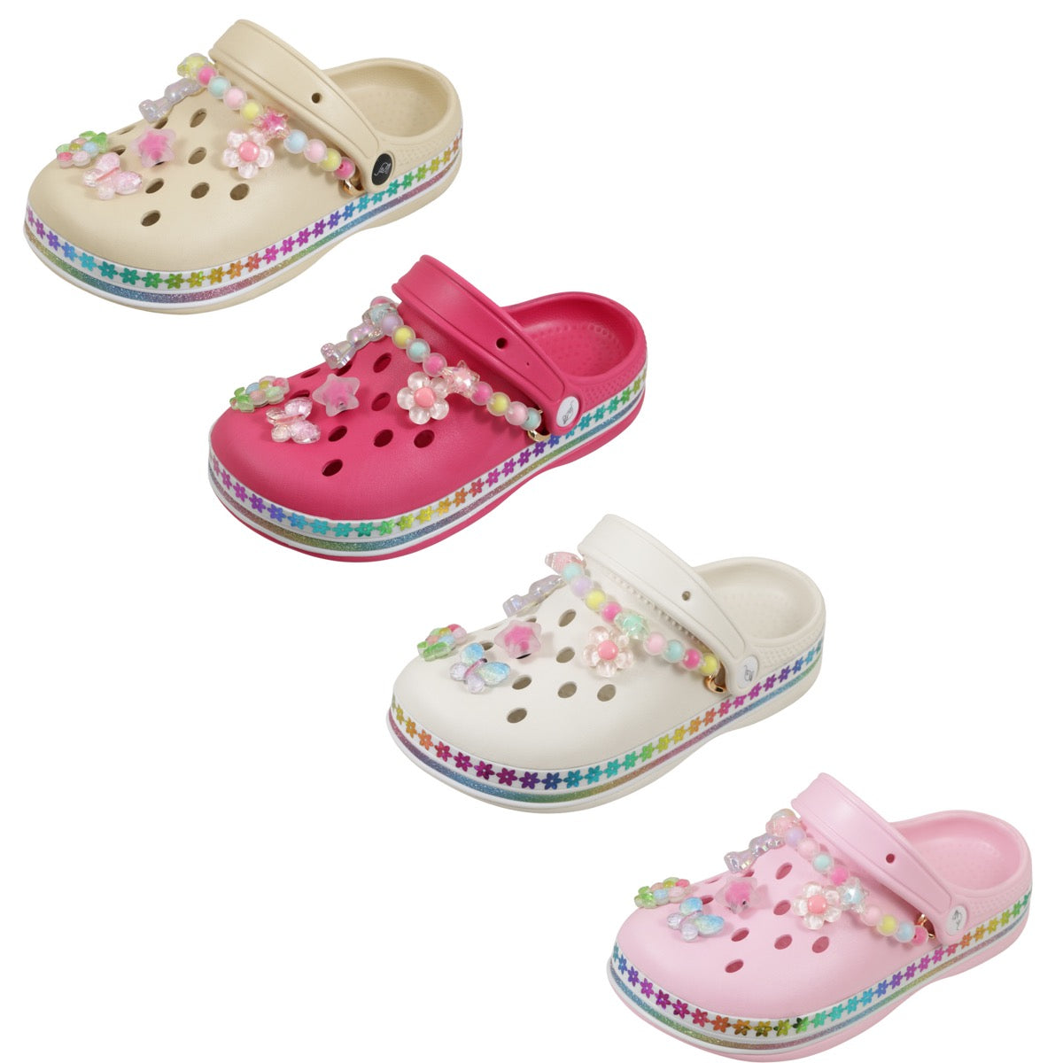 Girl's Vented Bubble Clogs w/ Embroidered Gummy Charms & Rainbow Floral Trim - Choose Your Color(s)