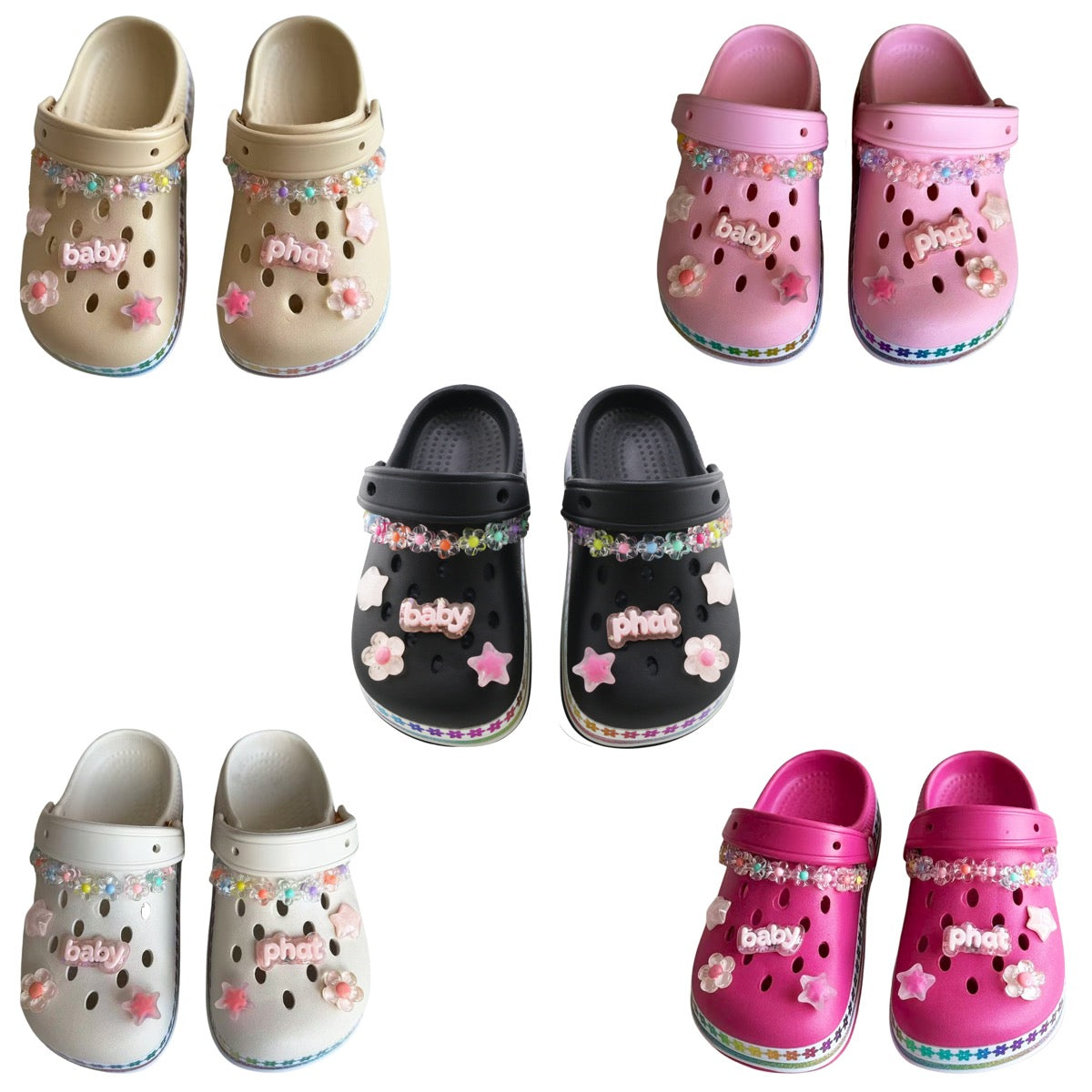 Girl's Vented Bubble Clogs w/ Embroidered Charms & Rainbow Floral Trim - Choose Your Color(s)