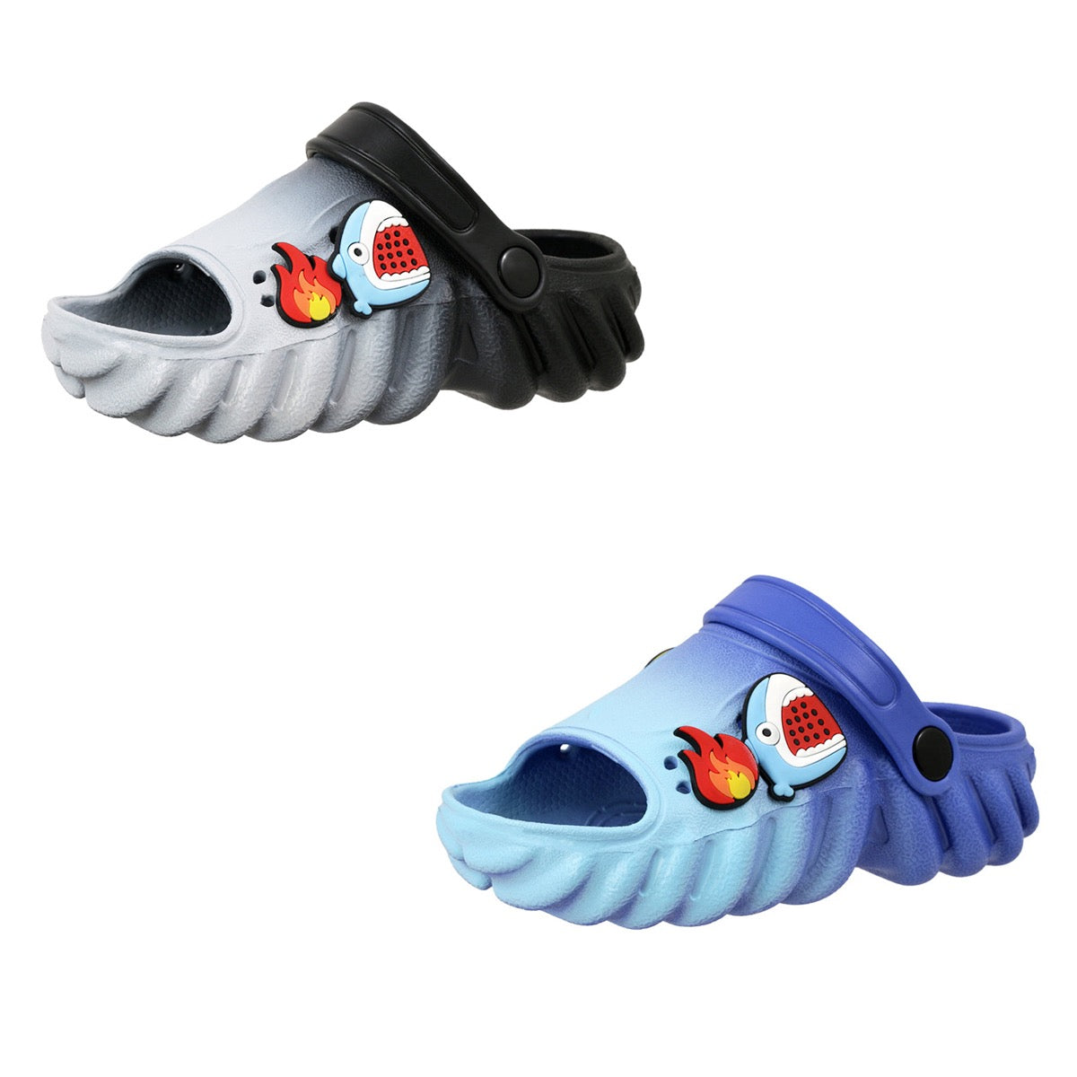 Boy's Embroidered Ocean Wave Bubble Clogs w/ Shark Patch & Adjustable Heel Strap - Choose Your Color(s)