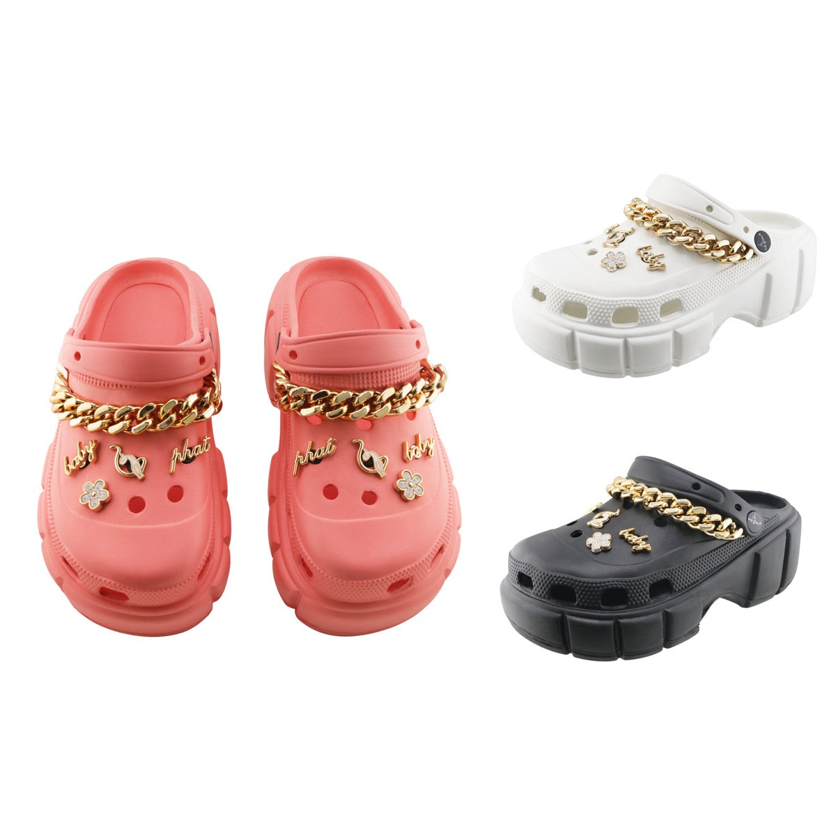 Women's Wedge Vented Platform Clogs w/ Embroidered Gold Charms & Chainlink - Choose Your Color(s)