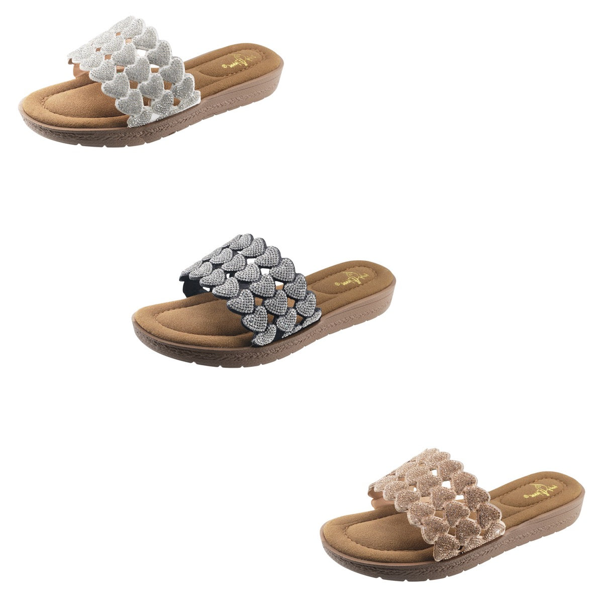 Women's Wedge Slide Sandals w/ Embroidered Rhinestone Hearts - Choose Your Color(s)