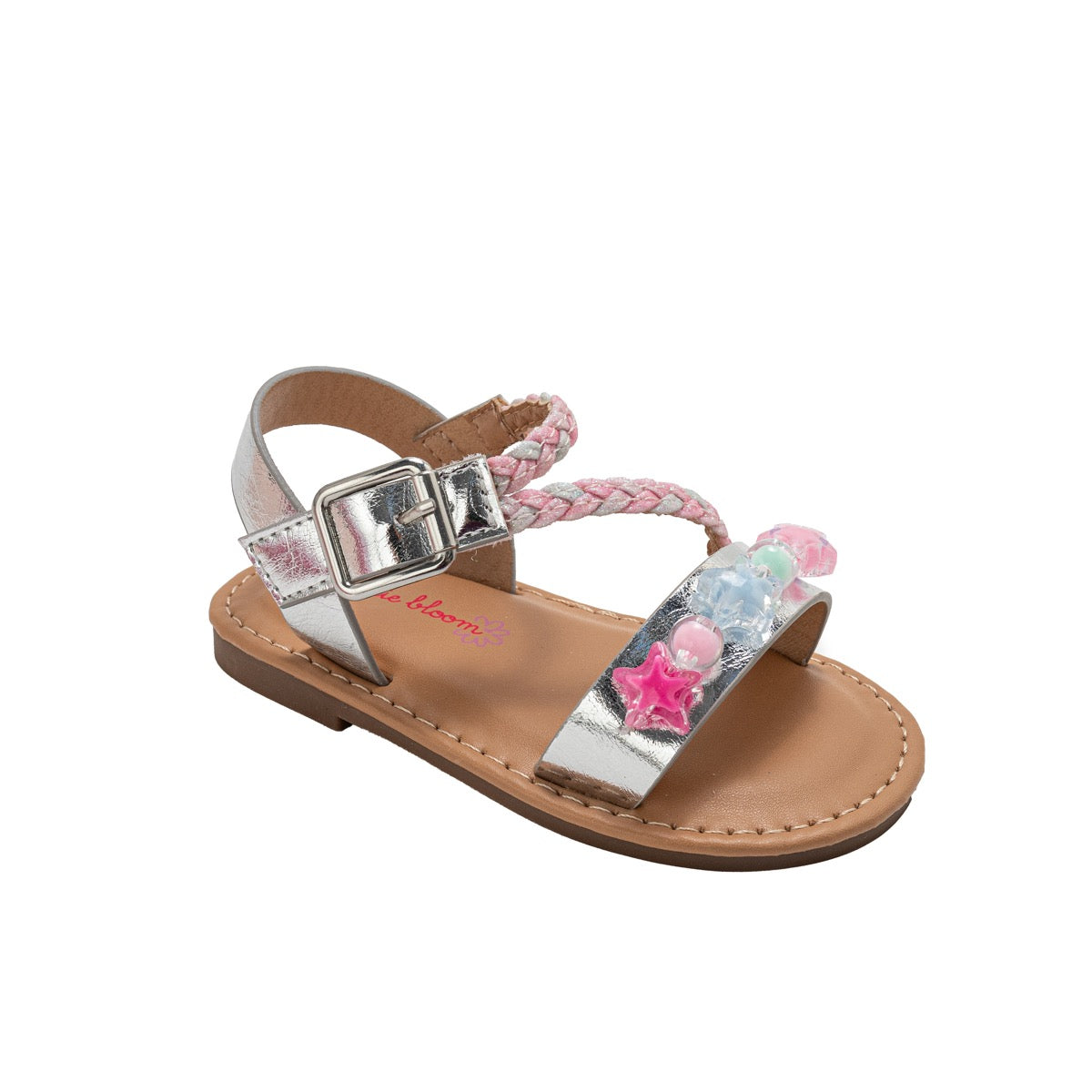 Toddler Girl's Metallic Slide Sandals w/ Embroidered Mermaid Sea Charms & Glitter Braid Straps