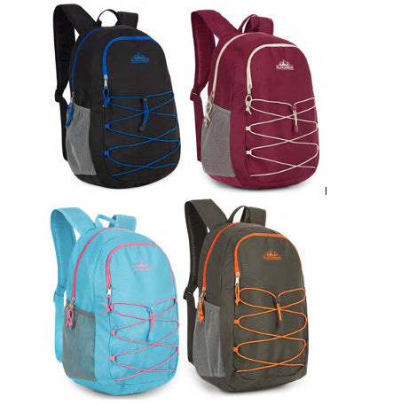 19" Two Tone Bungee Backpacks w/ Mesh Cargo Pockets - Assorted Colors