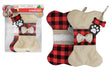 Burlap Bone-Shaped Christmas Stockings w/ Plaid Print & Embroidered Dog Paw - 2-Pack