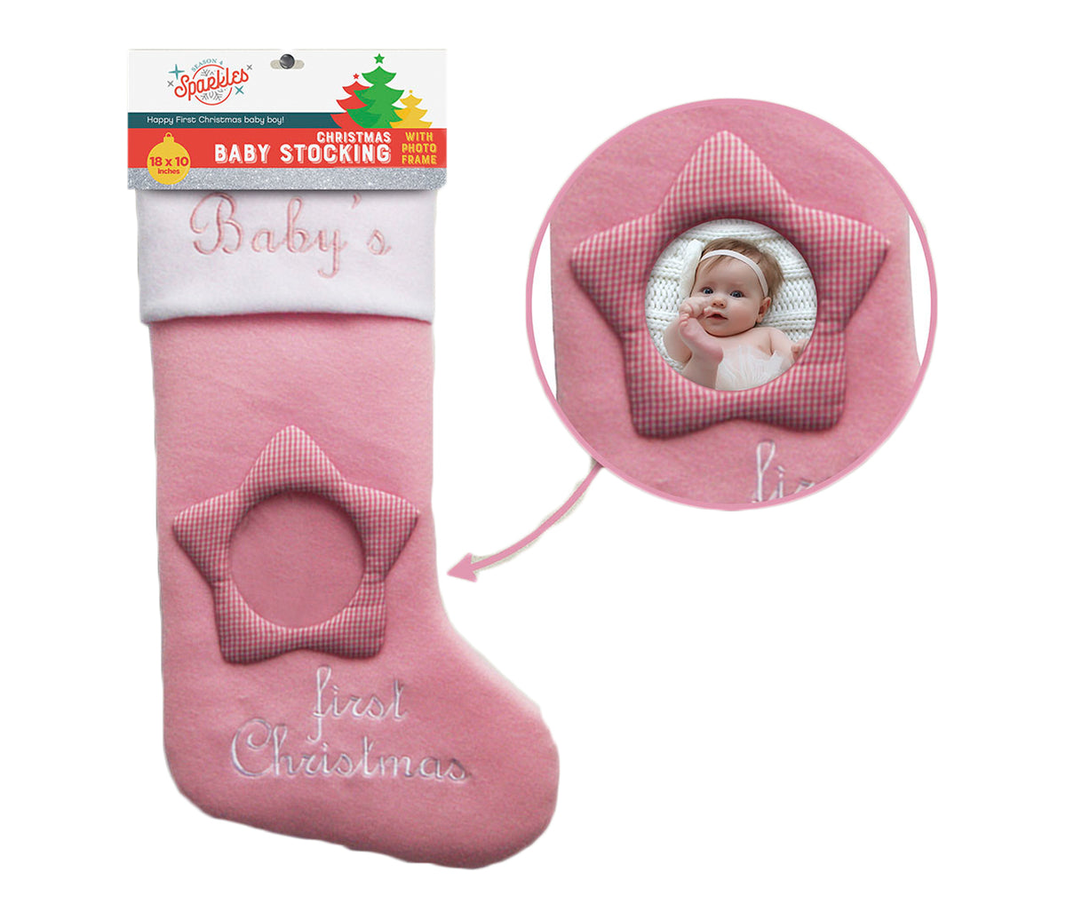 Embroidered Baby Girl's First Christmas Stocking w/ Photo Frame Holder