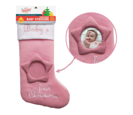 Embroidered Baby Girl's First Christmas Stocking w/ Photo Frame Holder