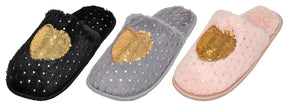 Women's Faux Fur Mule Bedroom Slippers w/ Sequin Hearts & Embroidered Gems