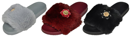 Women's Faux Fur Slide Sandals w/ Embroidered Flower Adornment