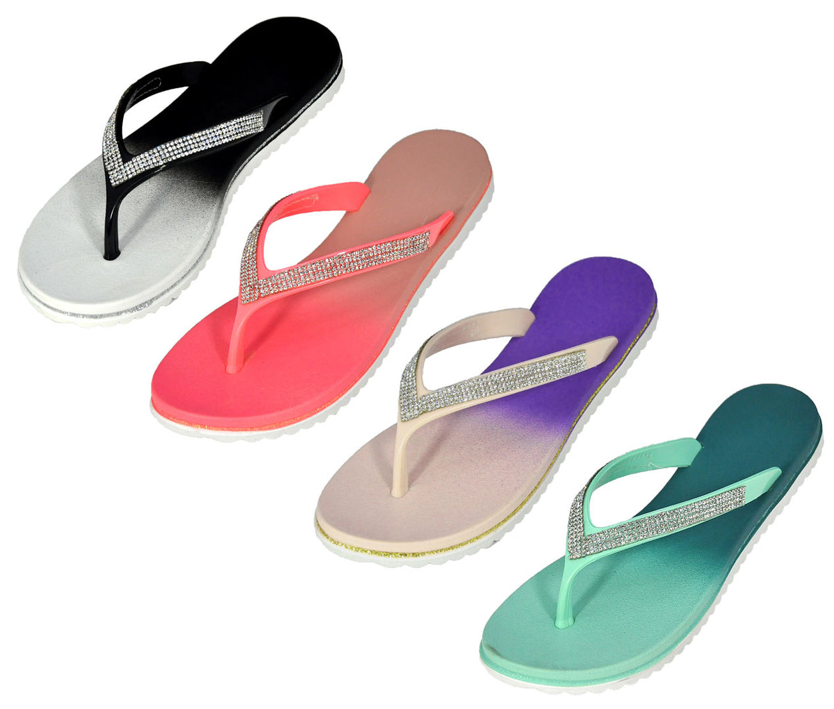 Women's Thong Slide Sandals w/ Ombre Footbed & Rhinestone Straps