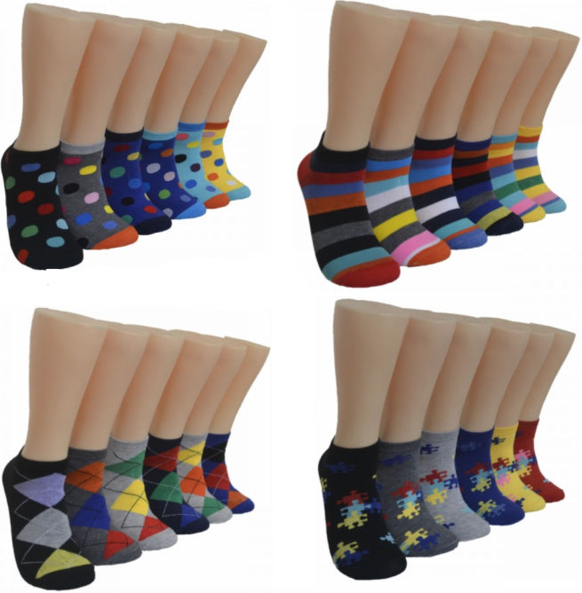 Men's Low-Cut Socks - Polka Dot, Puzzle, Stripe, & Arygle Print - Size 10-13
