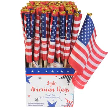 Flag American 3pk 12x7in Flag 15.7in Wooden Dowel In 72pc Pdq Patriotic Label