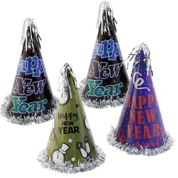 New Year Party Hat 12.5in 4ast Paper/foil W/silver Tinsel Trim Inside Adult Use/upc Label