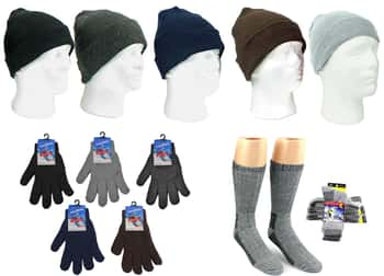 Adult Cuffed Winter Knit Hats, Adult Magic Gloves, and Men's Merino Wool Blend Socks Combo