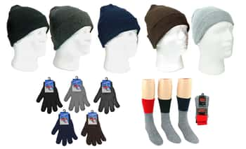 Adult Cuffed Winter Knit Hats, Adult Magic Gloves, and Men's Thermal Crew Socks