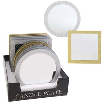 Candle Plate Mirror Glitter Trim 4.5in Round/square 12pc Pdq Upc Label