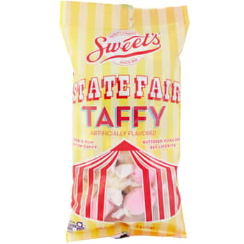 Sweet's State Fair Taffy 4 Flavors Cotton Candy, Bubble Gum, Red Licorice, Buttered Popcorn 7.5 Oz Peg Bag