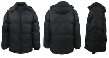 Men's Insulated Bubble Jackets w/ Detachable Hood & Cargo Pockets - Black