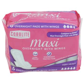 Maxi Pads 6ct Overnight W/wings Very Heavy Coralite