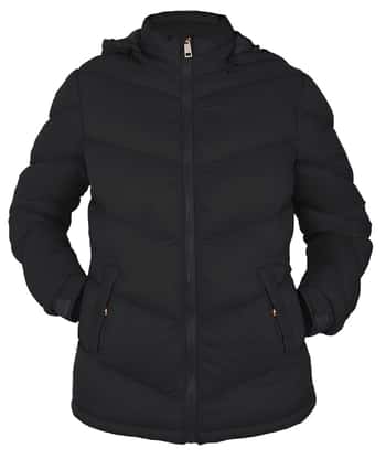 Women's Hip Length Black Puffer Jackets w/ Detachable Hood