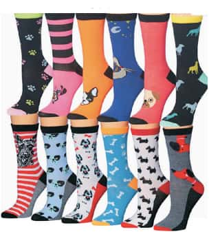 Women's Plus Size Crew Novelty Socks - Paw Prints & Dog Print - 6-Pair Packs - Size 10-13