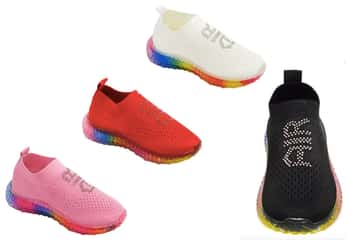 Girl's Mesh Slip-On Sneakers w/ Rainbow Trim & Rhinestone Logo