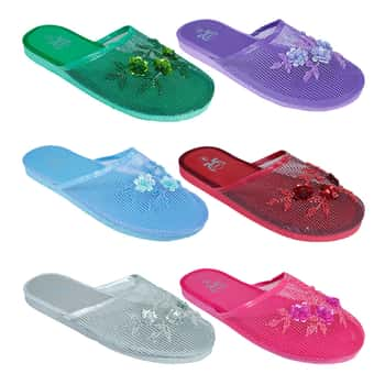 Women's Mesh Mule Slide Slippers w/ Embroidered Flowers - Assorted Colors - Size 5-10