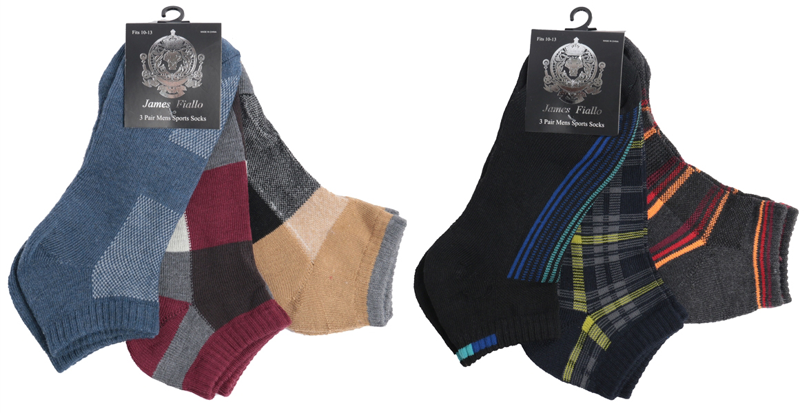 Men's Cushioned Athletic Low Cut SOCKS - Plaid Sport Prints - 3-Pair Packs