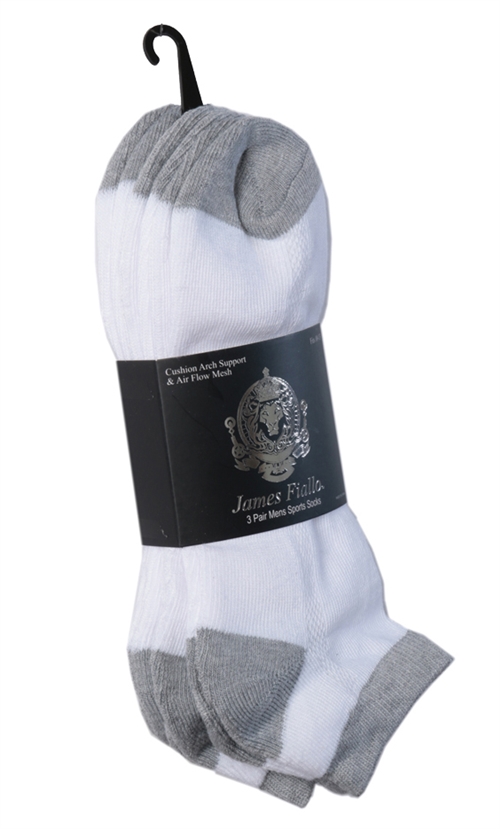 Men's Cushioned Athletic Low Cut SOCKS - White w/ Grey Heel & Toe - 3-Pair Packs