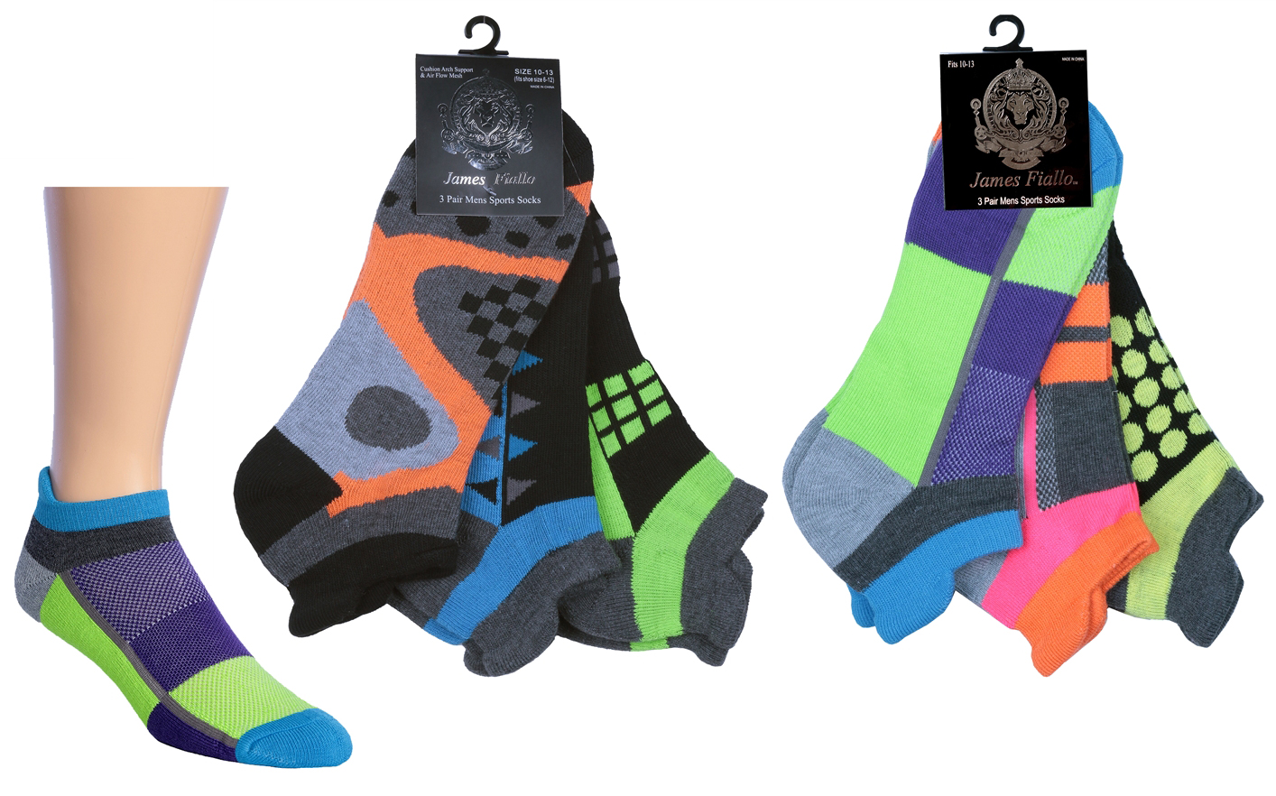 Men's Cushioned Athletic Low Cut SOCKS w/ Arch Support - Neon Sport Prints - 3-Pair Packs