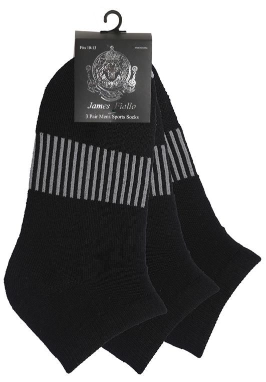 Men's Cushioned Athletic Low Cut SOCKS w/ Arch Support - Black w/ Stripes - 3-Pair Packs