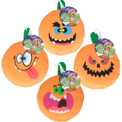 Dog TOY Pumpkin Full Squeaker 4 Assorted Face Designs In Pdq Ref #p33800