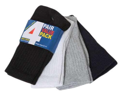 Children's Athletic High Ankle SOCKS - Black/White/Grey - Size 4-6 - 4-Pair Packs