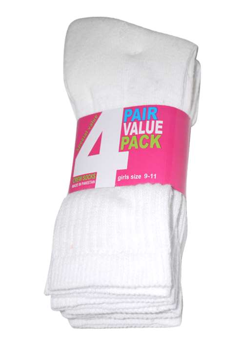 Children's White Athletic Crew SOCKS - Size 4-6 - 4-Pair Packs