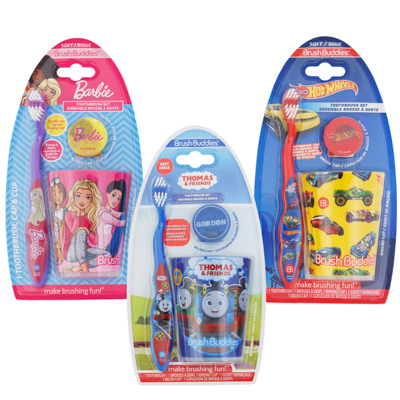 ''Toothbrush Kids LICENSED 3pc Set Barbie, Hot Wheels, Thomas&friends''