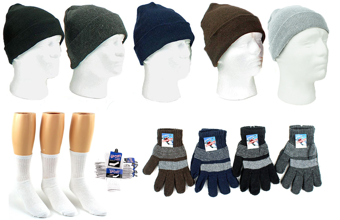 ''Adult Cuffed Winter Knit Hats, Men's Knit Gloves, and Men's Crew SOCKS Combo''