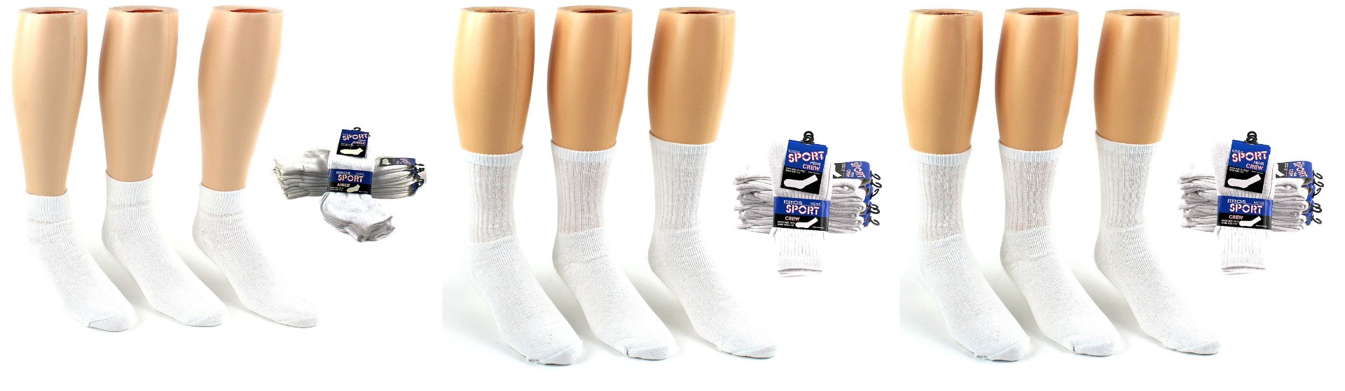 Men's White Cotton Athletic SOCKS - Ankle/Tube/Crew Combo