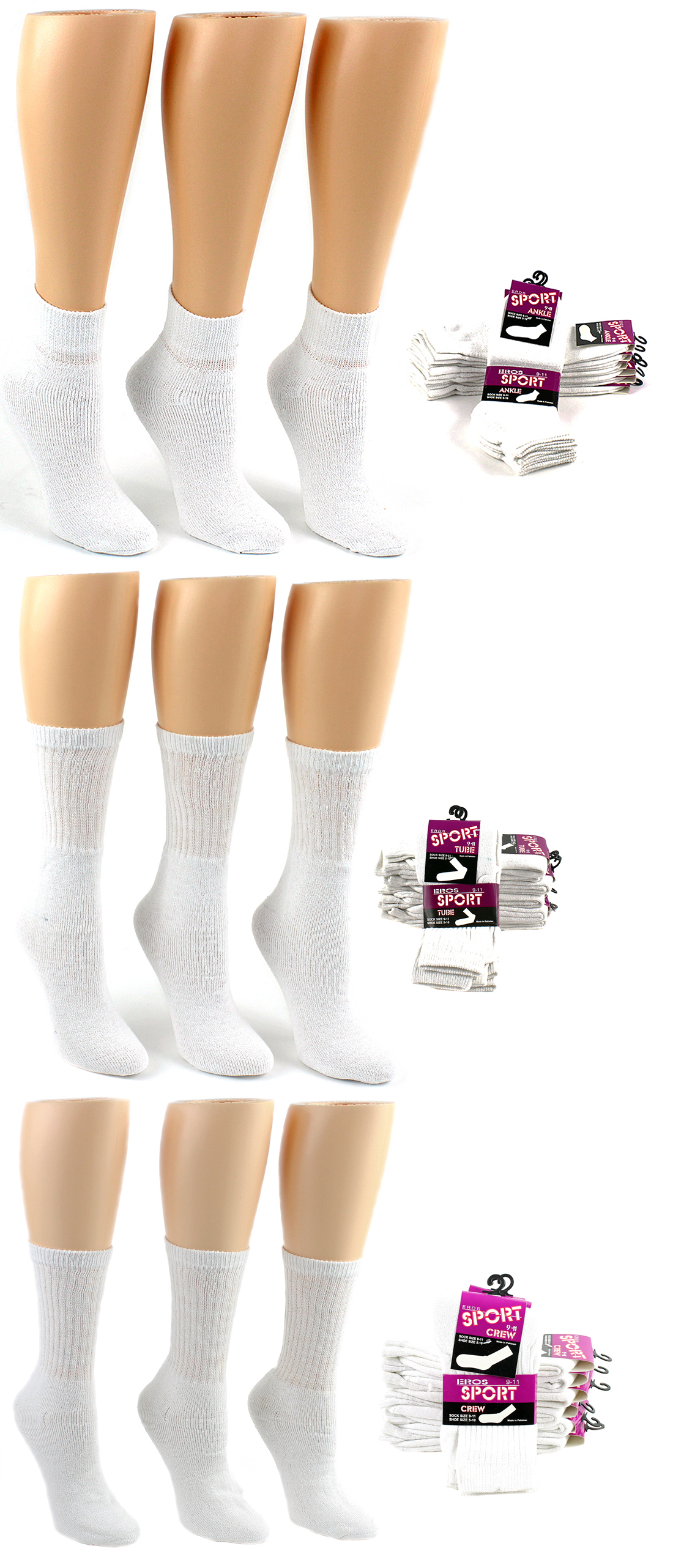 Women's White Cotton Athletic SOCKS - Ankle/Tube/Crew Combo