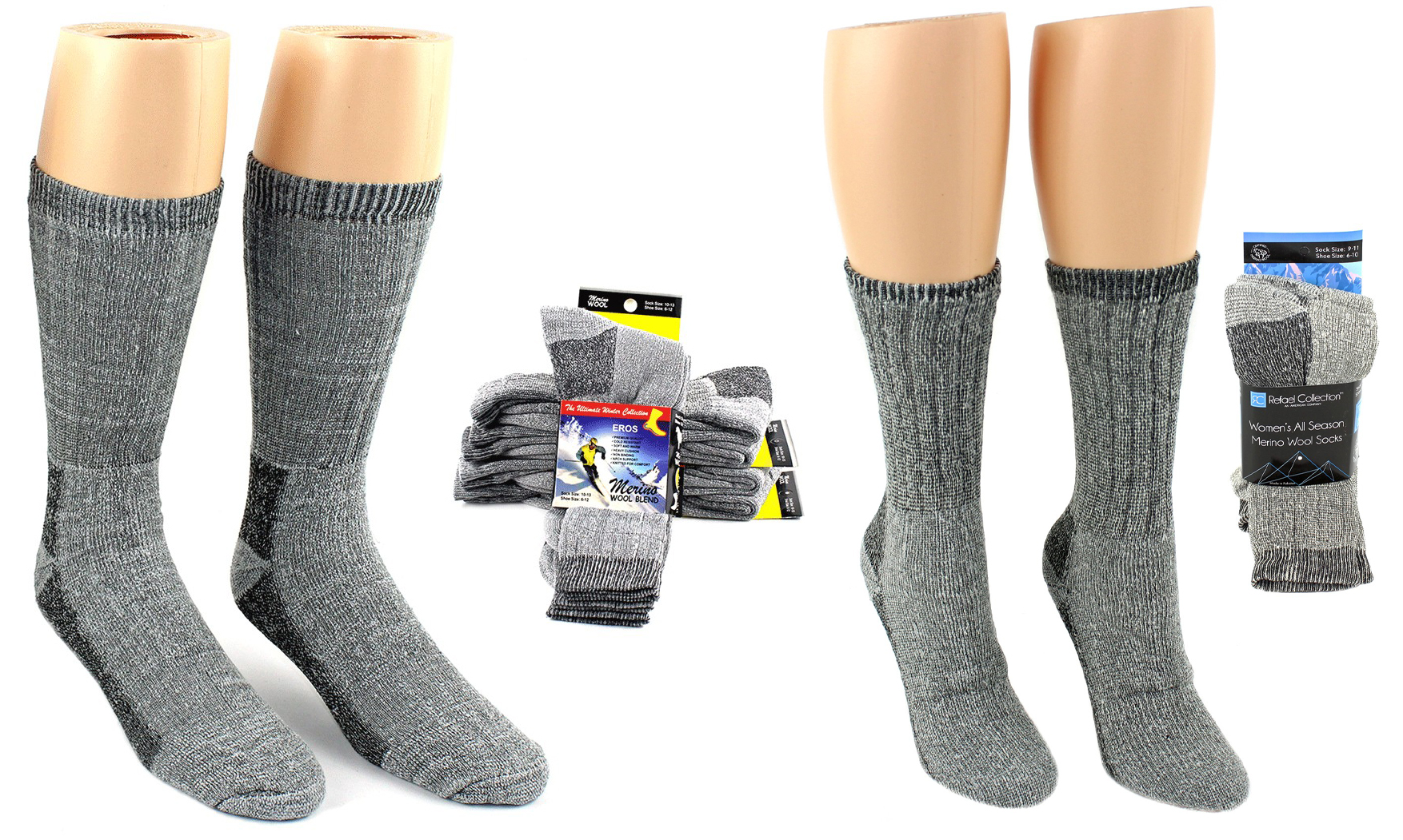 Men's & Women's Thermal Merino Wool Crew SOCKS - Gray - 2-Pair Packs