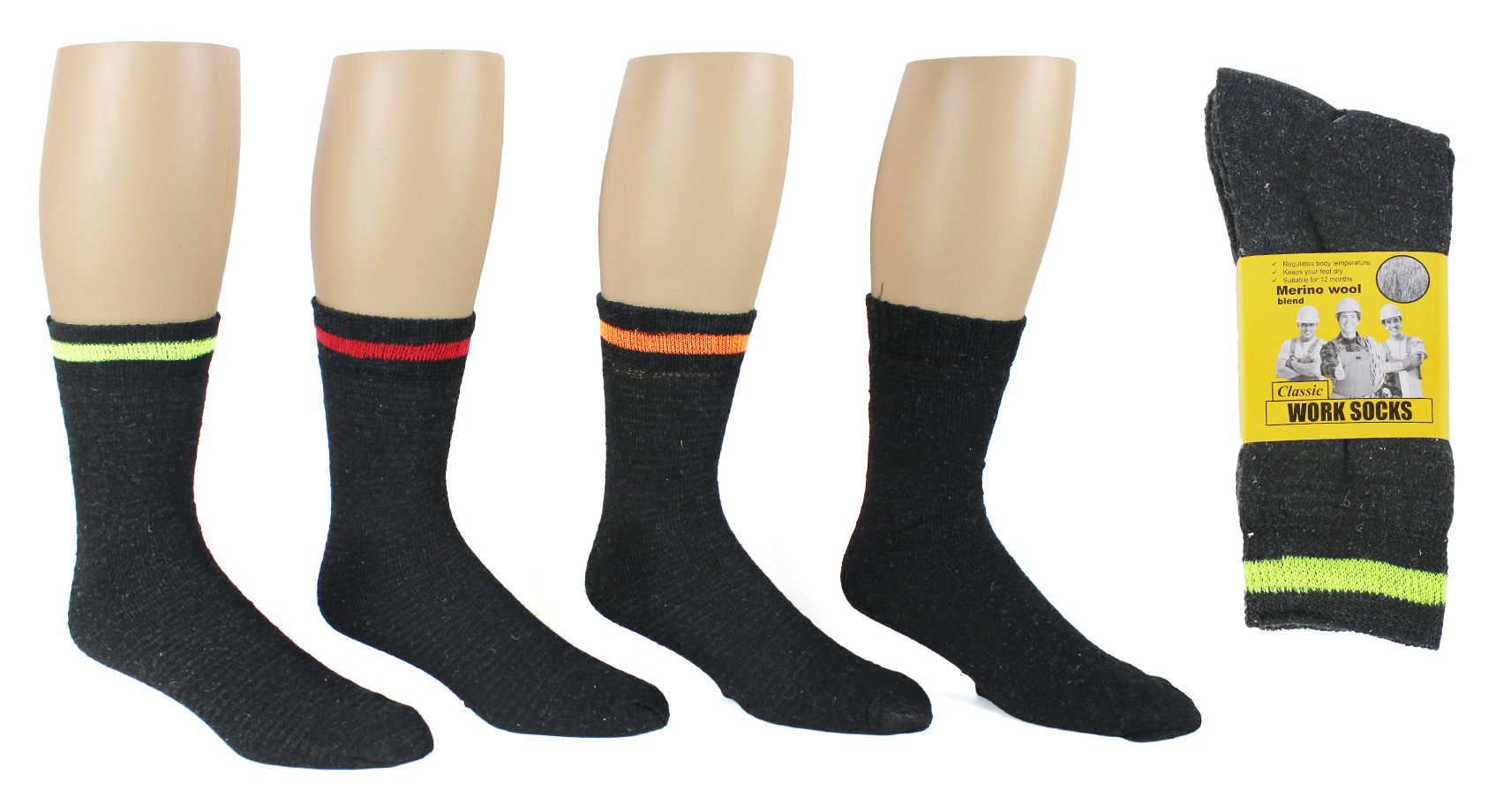 Men's Merino Wool Thermal Boot SOCKS w/ Solid Black & Safety Neon Stripe - 3-Pair Packs