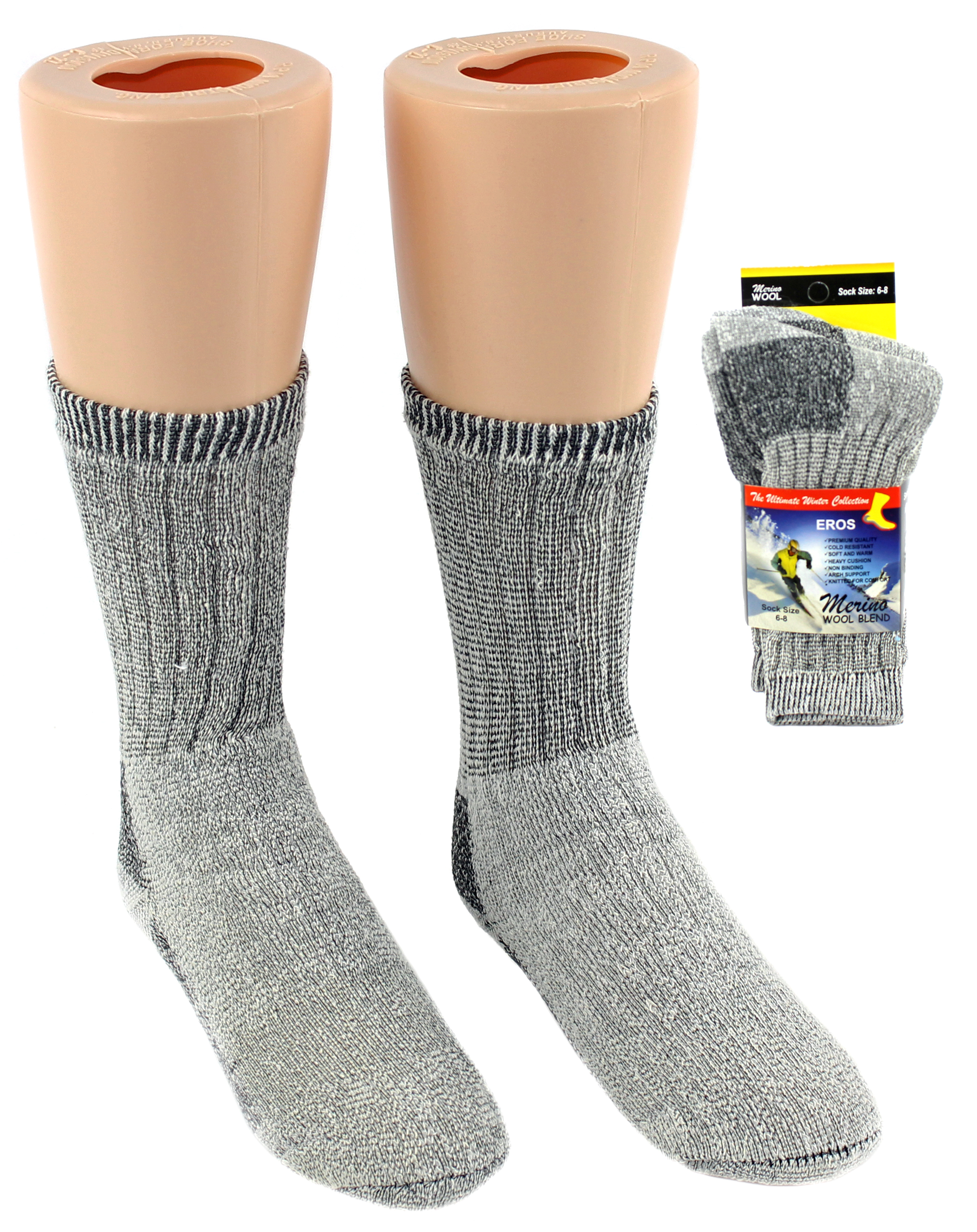 Boy's & Girl's Thermal Merino Wool Crew SOCKS - Size 6-8 - 2-Pair Packs