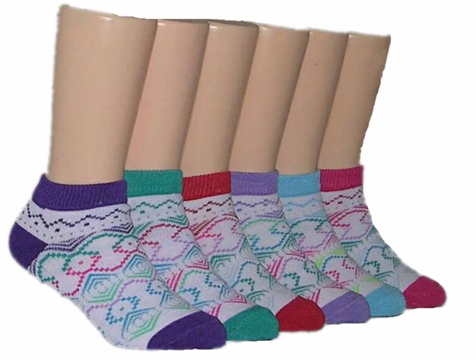 Girl's Low Cut Novelty SOCKS - Fair Isle Nordic Print - 3-Pair Packs - Size 4-6