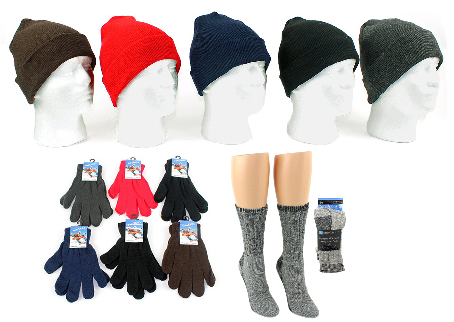 ''Adult Cuffed Winter Knit Hats, Adult Magic Gloves, and Women's Merino Wool Blend SOCKS Combo''