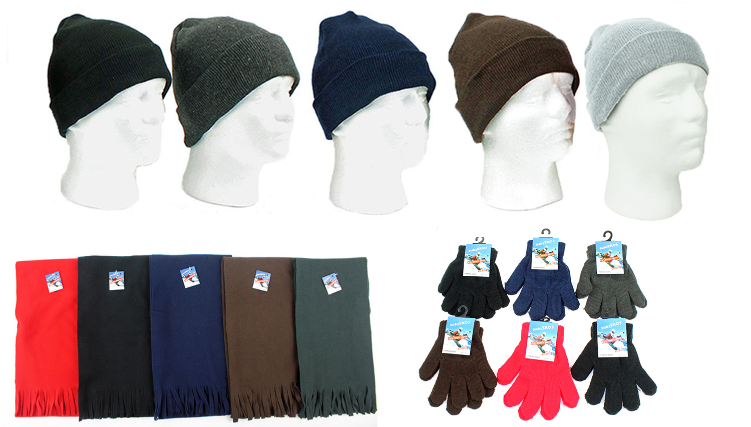 ''Adult Cuffed Winter Knit Hats, Adult Magic Gloves, and Adult Solid Fleece SCARVES''