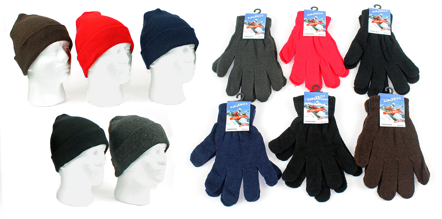 ADULT Cuffed Winter Knit Hats and ADULT Magic Gloves Combo Case