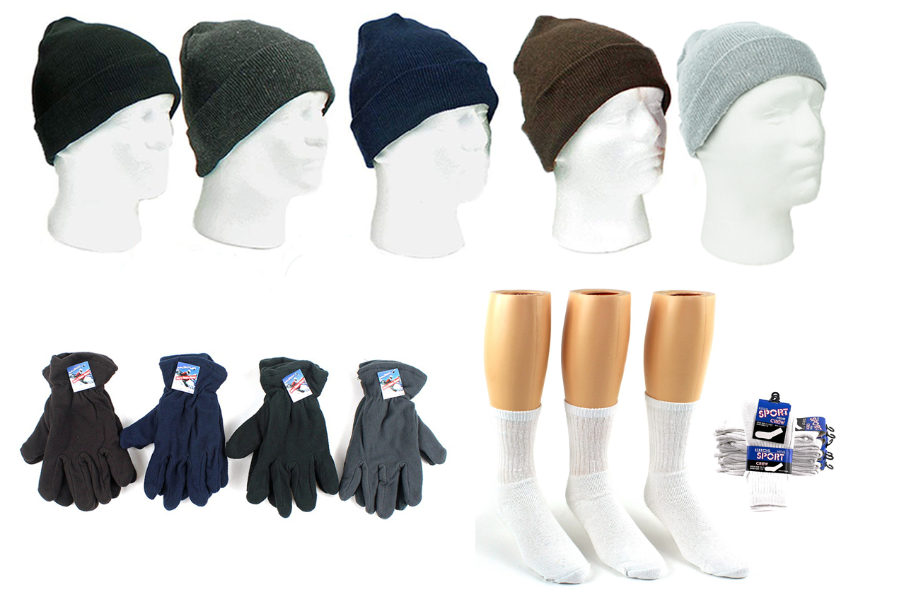 ''Adult Cuffed Winter Knit Hats, Men's Fleece Gloves, and Men's Crew SOCKS Combo''